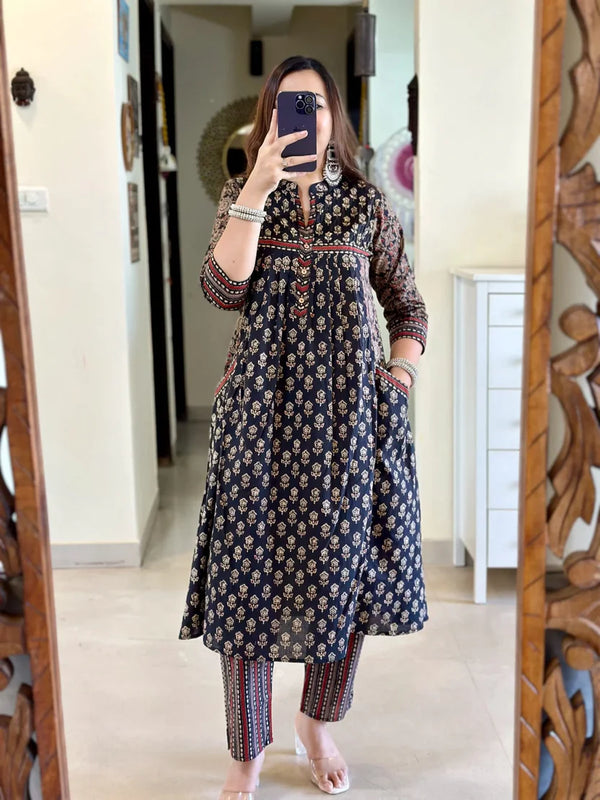 Black Printed Cotton Kurta Set with Striped Pants