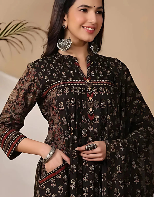 Black Pure Cotton Ajrakh Ethnic Kurta Set For Women &  Girls