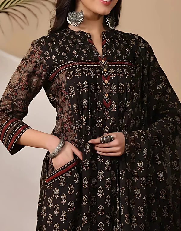 Black Pure Cotton Ajrakh Ethnic Kurta Set For Women &  Girls