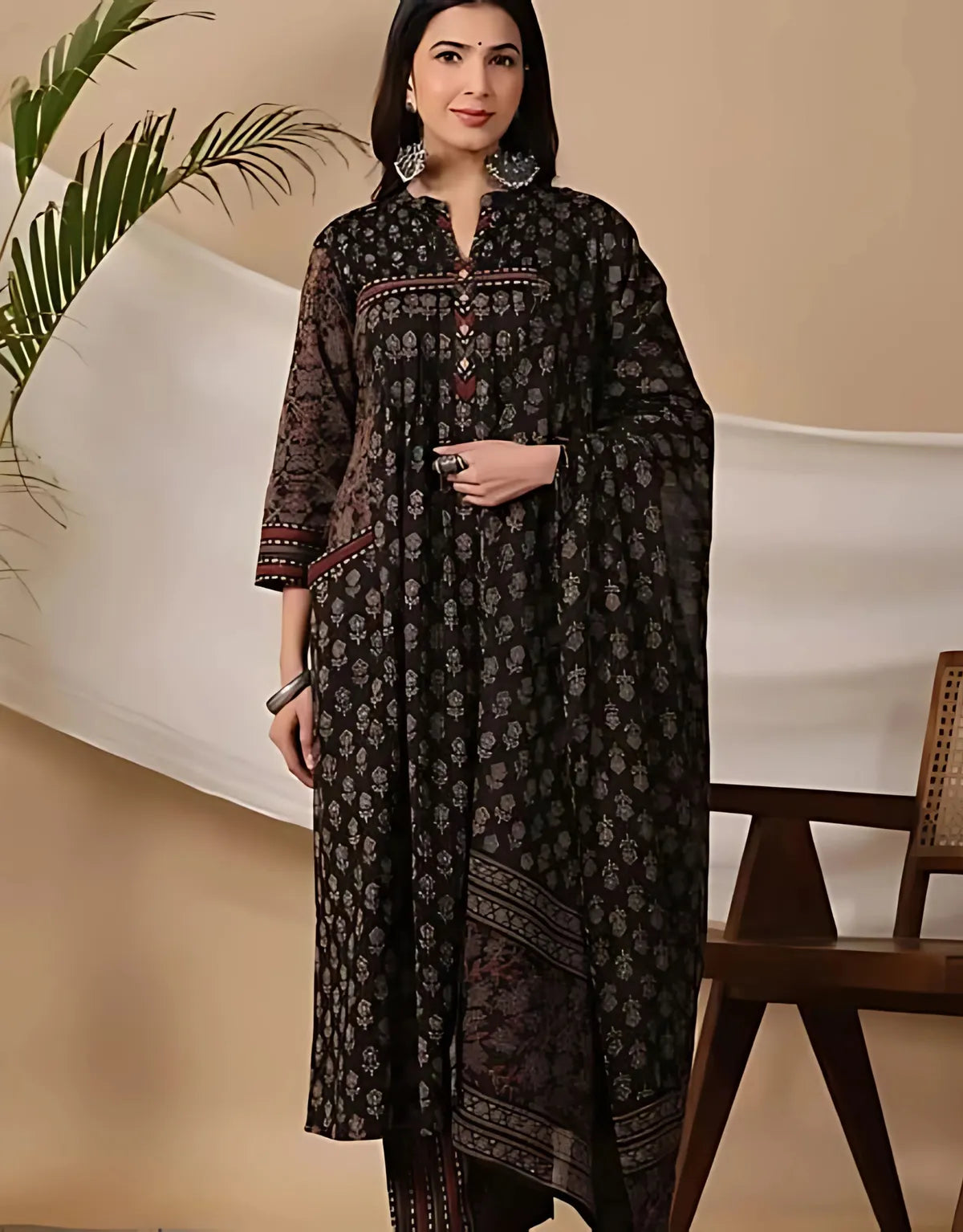 Black Pure Cotton Ajrakh Ethnic Kurta Set For Women &  Girls