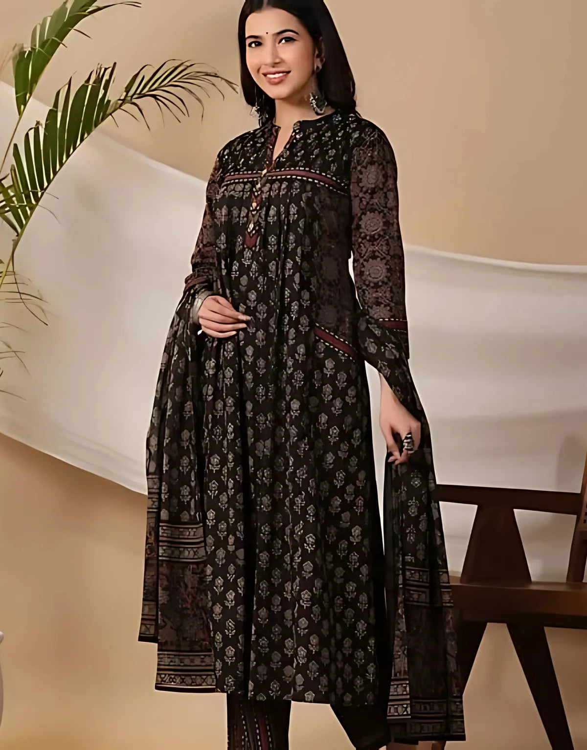 Black Pure Cotton Ajrakh Ethnic Kurta Set For Women &  Girls