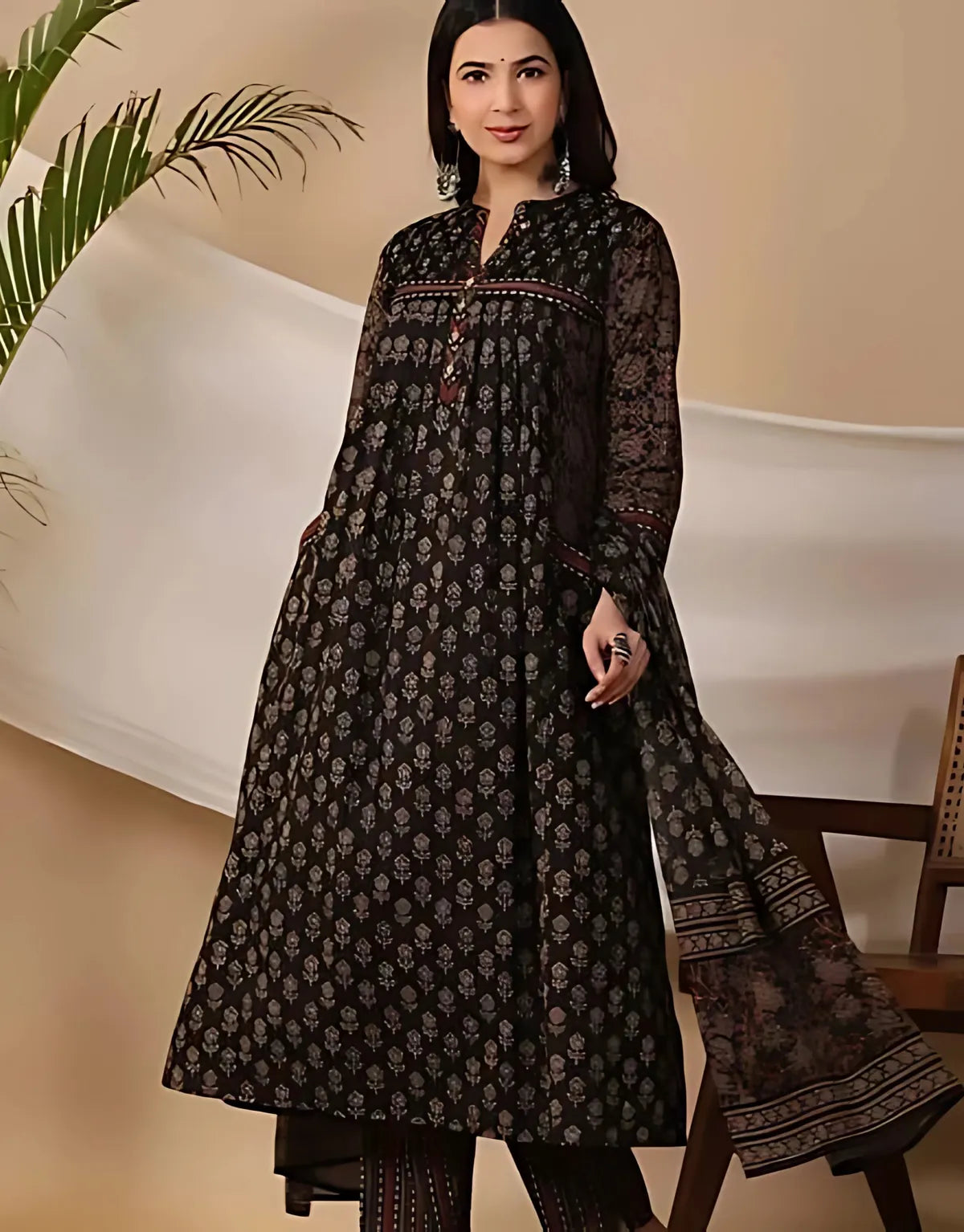 Black Pure Cotton Ajrakh Ethnic Kurta Set For Women &  Girls