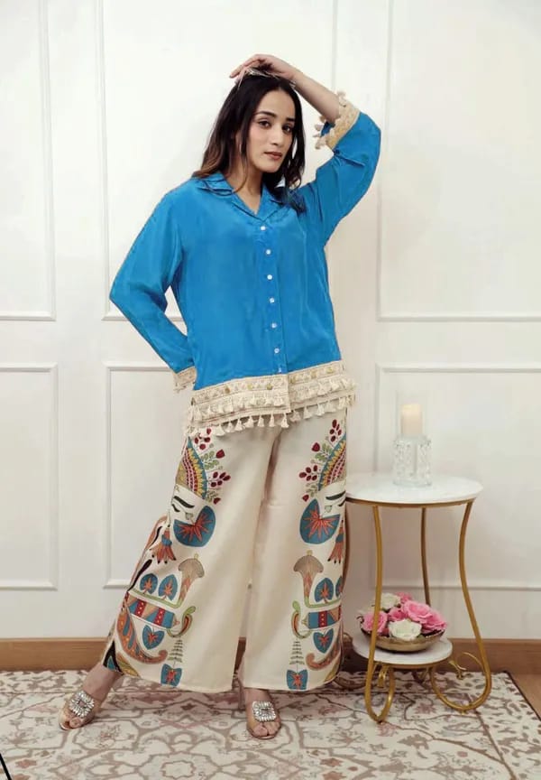 Blue Tassel Kurta with Hand-Printed Palazzo Pants