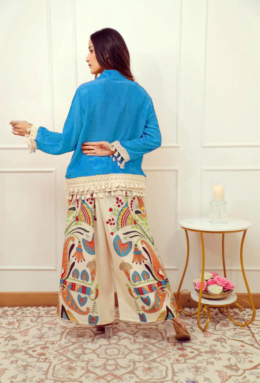 Blue Tassel Kurta with Hand-Printed Palazzo Pants