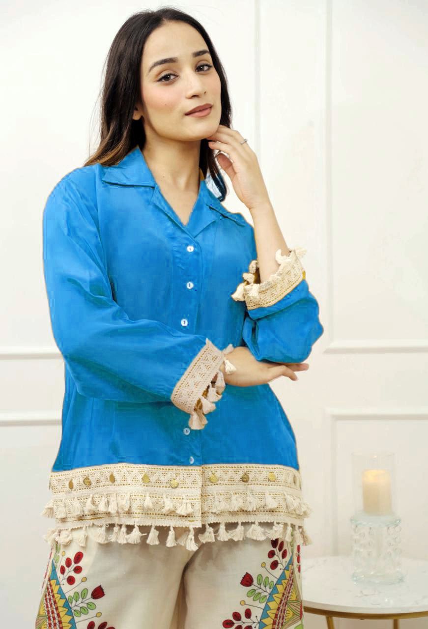 Blue Tassel Kurta with Hand-Printed Palazzo Pants