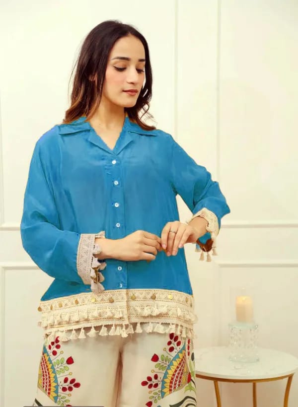 Blue Tassel Kurta with Hand-Printed Palazzo Pants