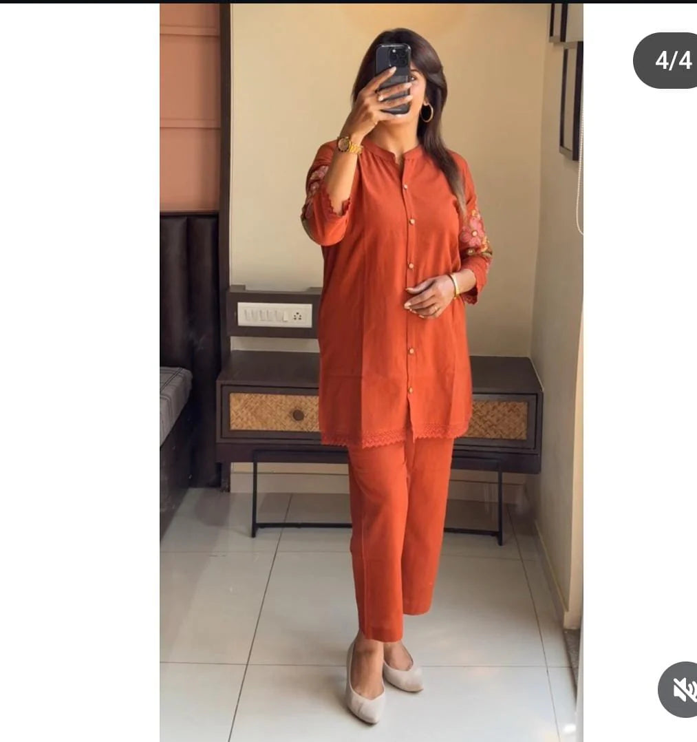 Burnt Orange Embroidered Co-Ord Set with Floral Back Design
