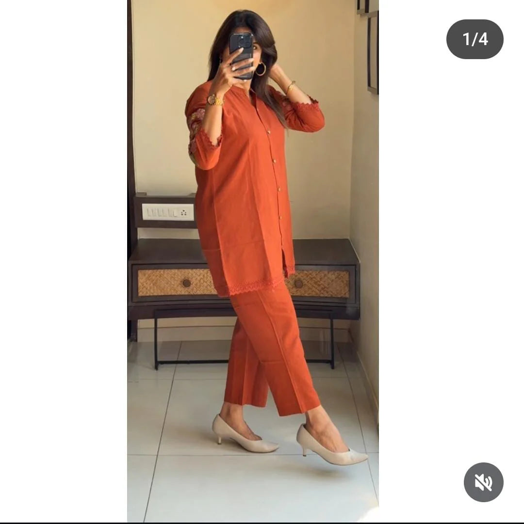 Burnt Orange Embroidered Co-Ord Set with Floral Back Design