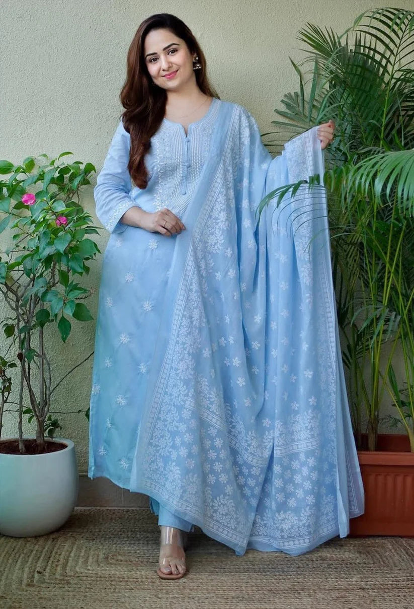 Carolina Blue Embroidered Suit Set with Dupatta For Women
