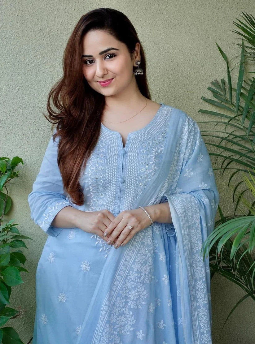 Carolina Blue Embroidered Suit Set with Dupatta For Women