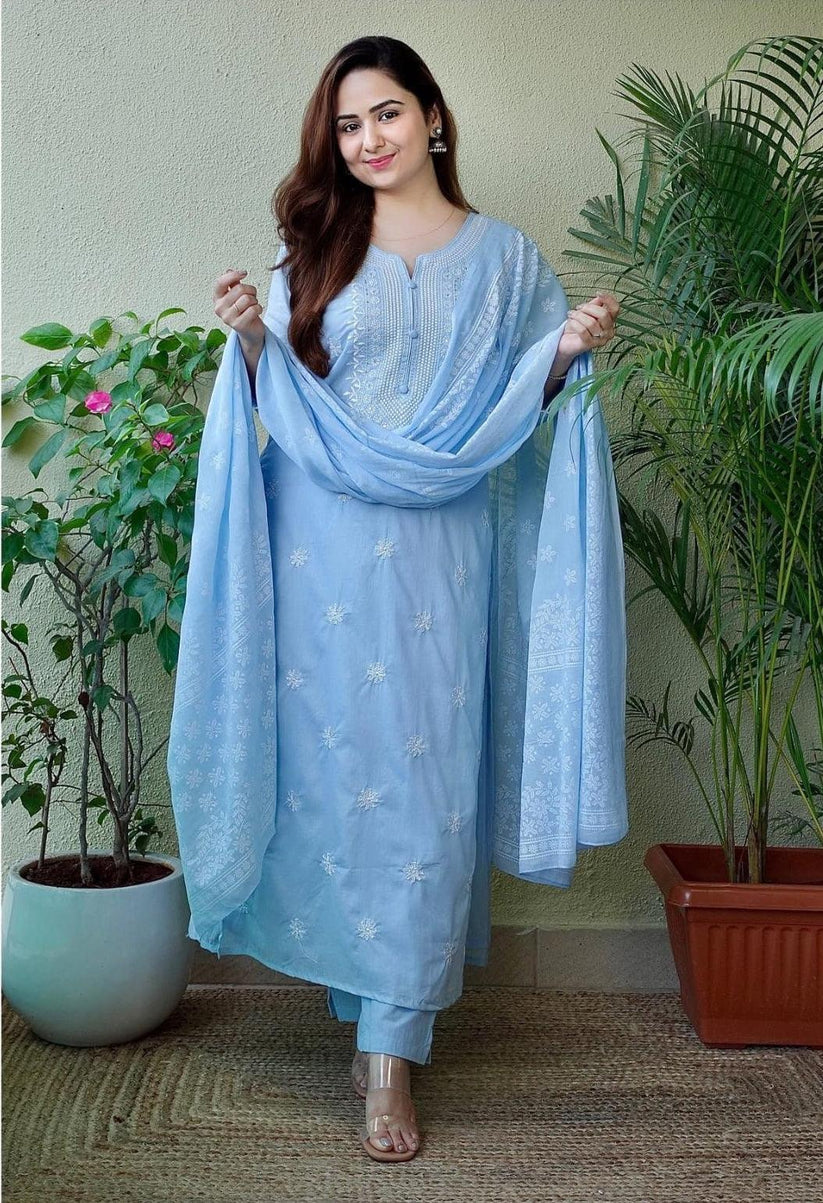 Carolina Blue Embroidered Suit Set with Dupatta For Women