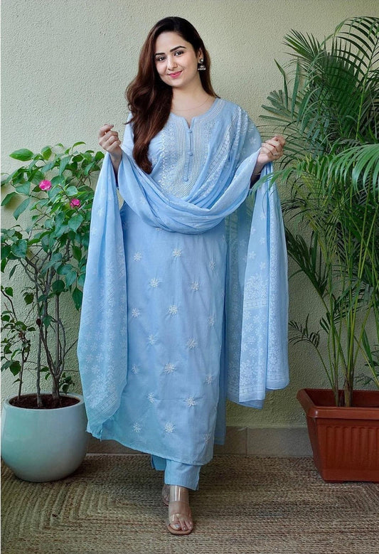 Carolina Blue Embroidered Suit Set with Dupatta For Women