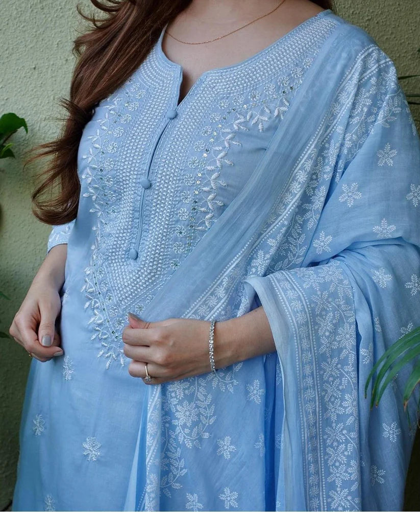 Carolina Blue Embroidered Suit Set with Dupatta For Women