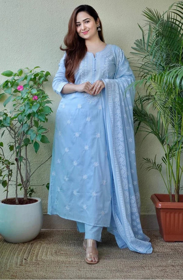 Carolina Blue Embroidered Suit Set with Dupatta For Women