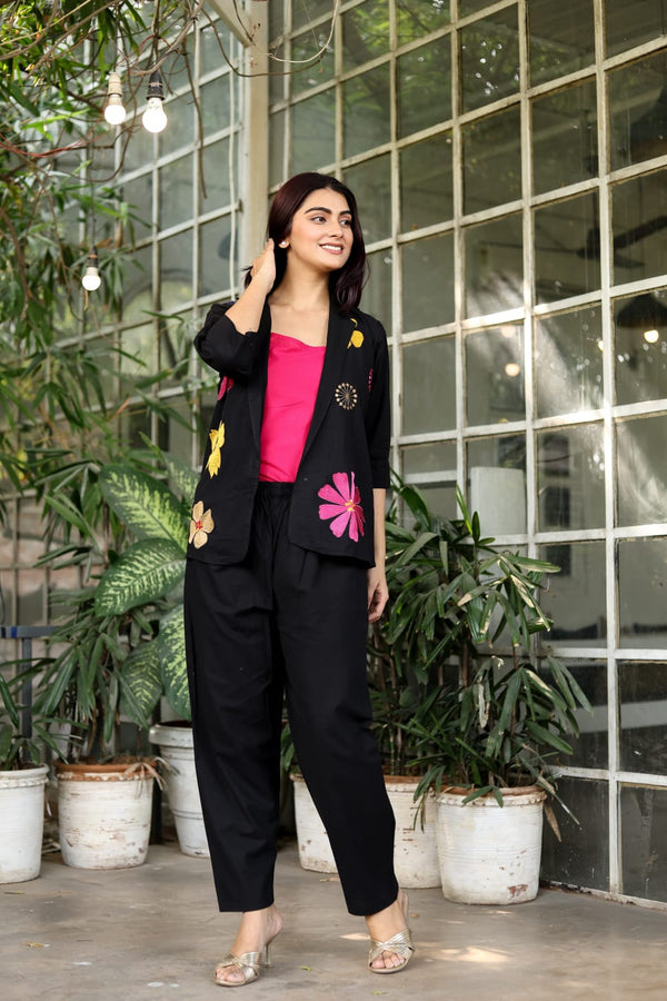 Chic Black Floral Embroidered Co-ord Set with Inner Top