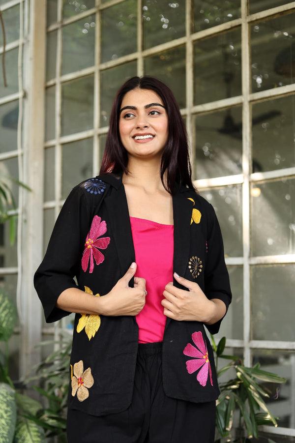 Chic Black Floral Embroidered Co-ord Set with Inner Top
