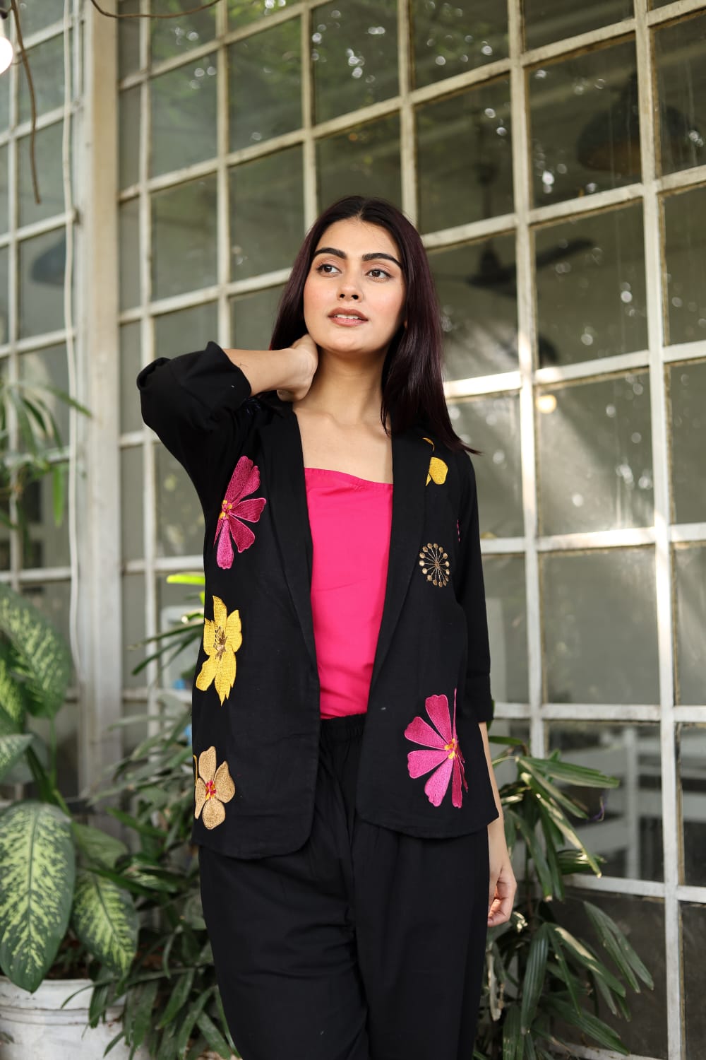 Chic Black Floral Embroidered Co-ord Set with Inner Top