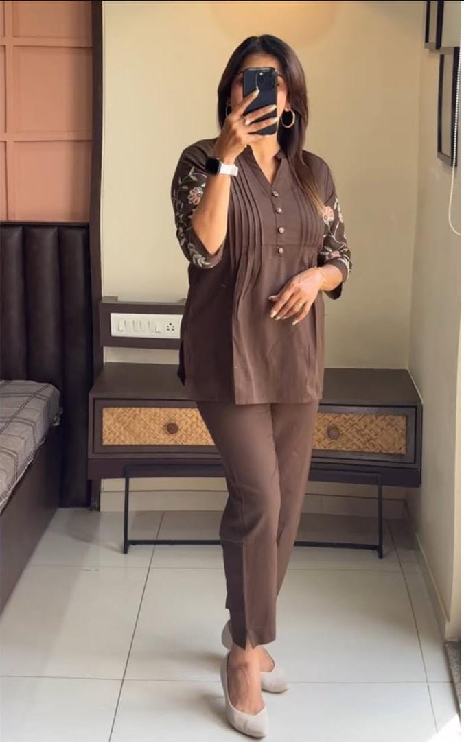 Chocolate Brown Embroidered Co-Ord Kurta Set For Women