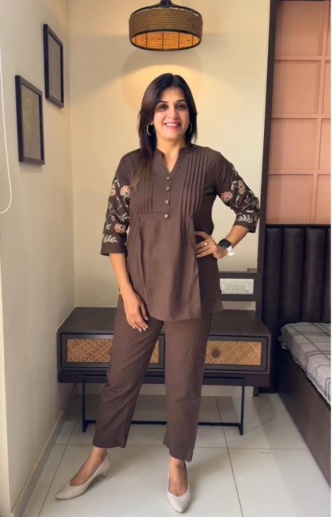 Chocolate Brown Embroidered Co-Ord Kurta Set For Women