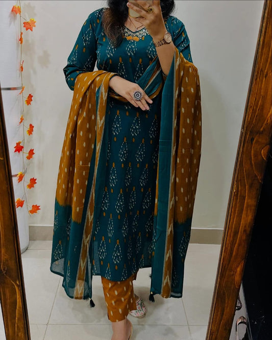 Yellow Cotton Printed Kurti With Pant Dupatta Set For Women