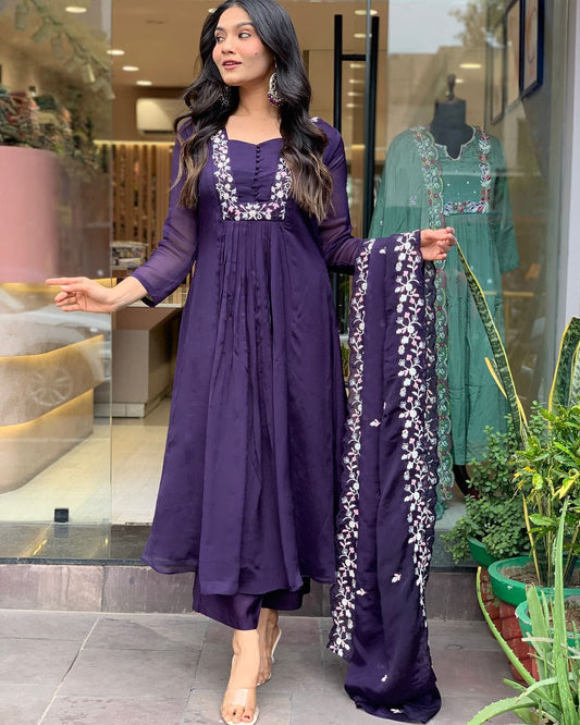Purple Cotton Embroidery Work Cotton Kurti With Pant & Dupatta Set | For Women