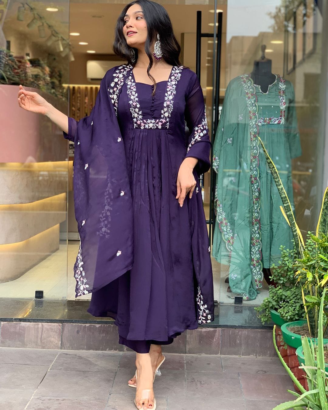 Purple Cotton Embroidery Work Cotton Kurti With Pant & Dupatta Set | For Women