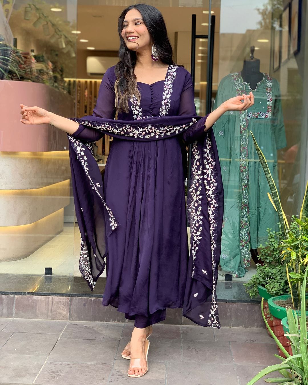 Purple Cotton Embroidery Work Cotton Kurti With Pant & Dupatta Set | For Women