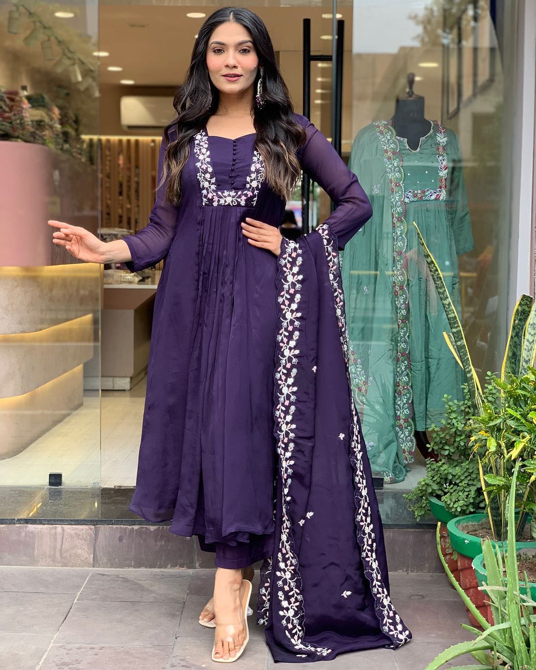 Purple Cotton Embroidery Work Cotton Kurti With Pant & Dupatta Set | For Women