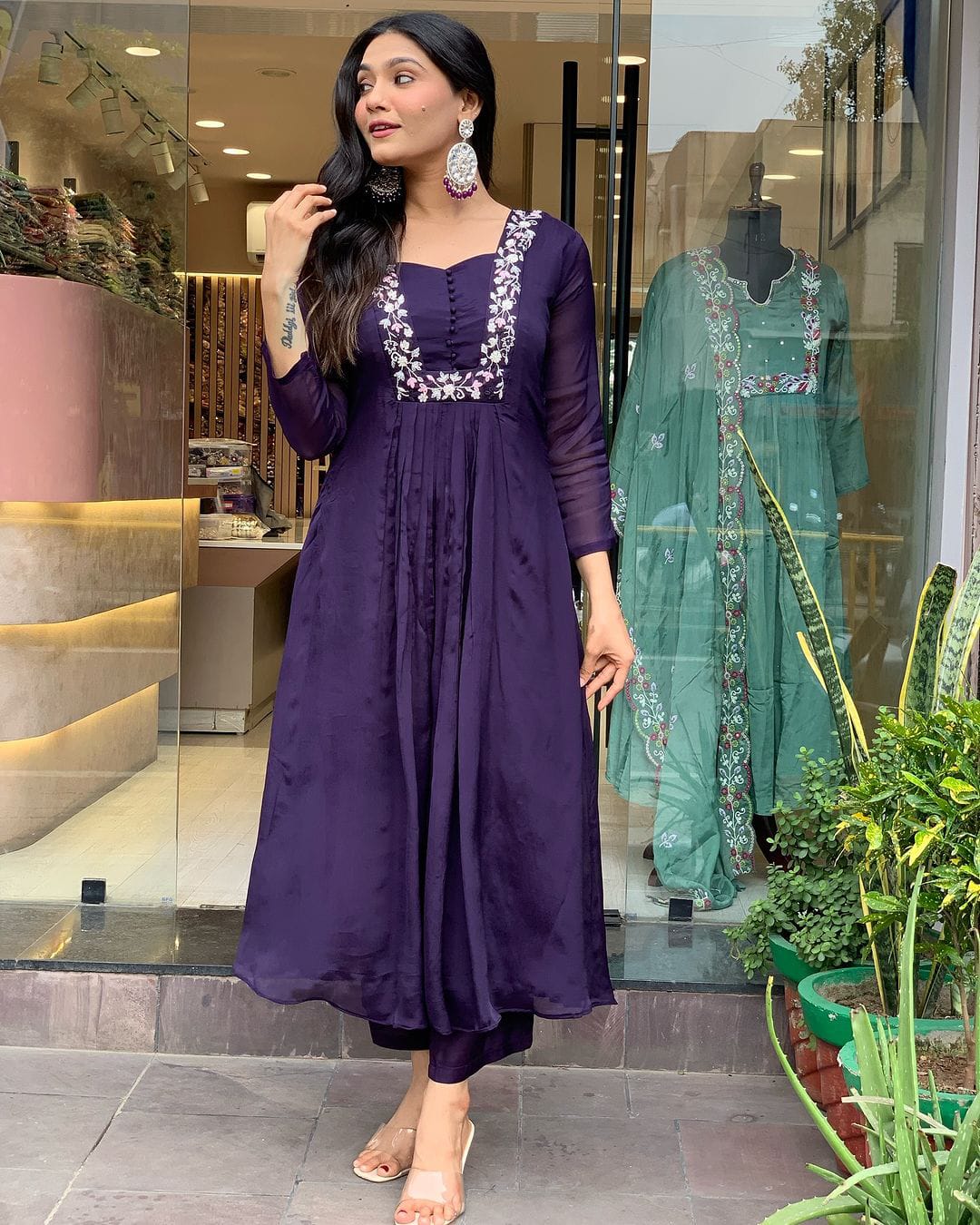 Purple Cotton Embroidery Work Cotton Kurti With Pant & Dupatta Set | For Women