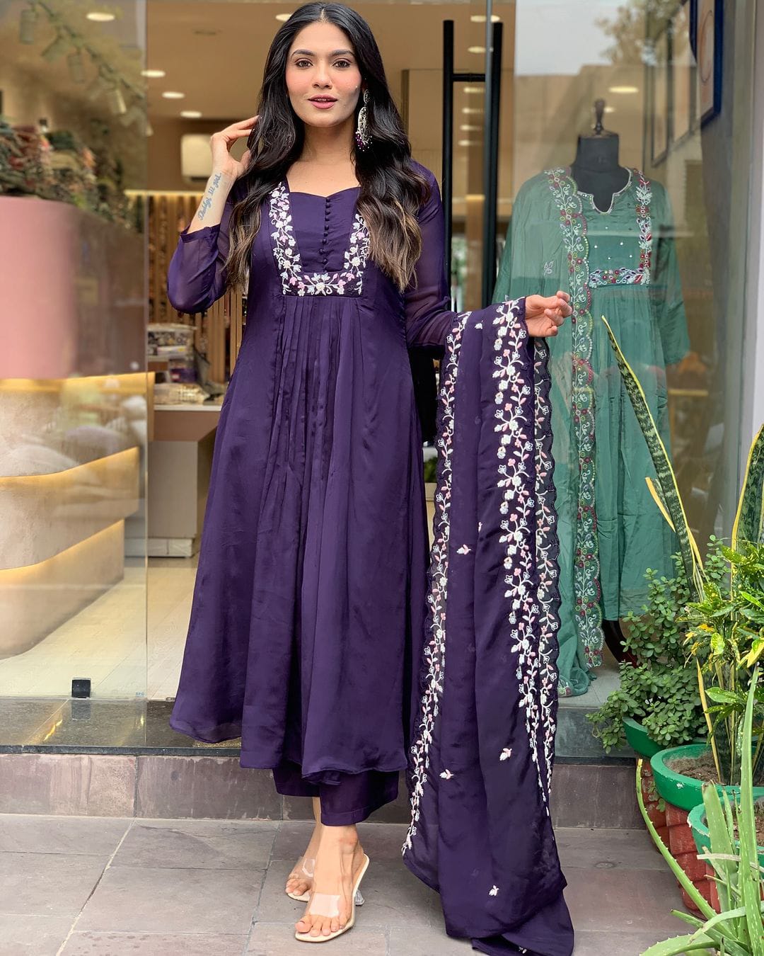 Purple Cotton Embroidery Work Cotton Kurti With Pant & Dupatta Set | For Women