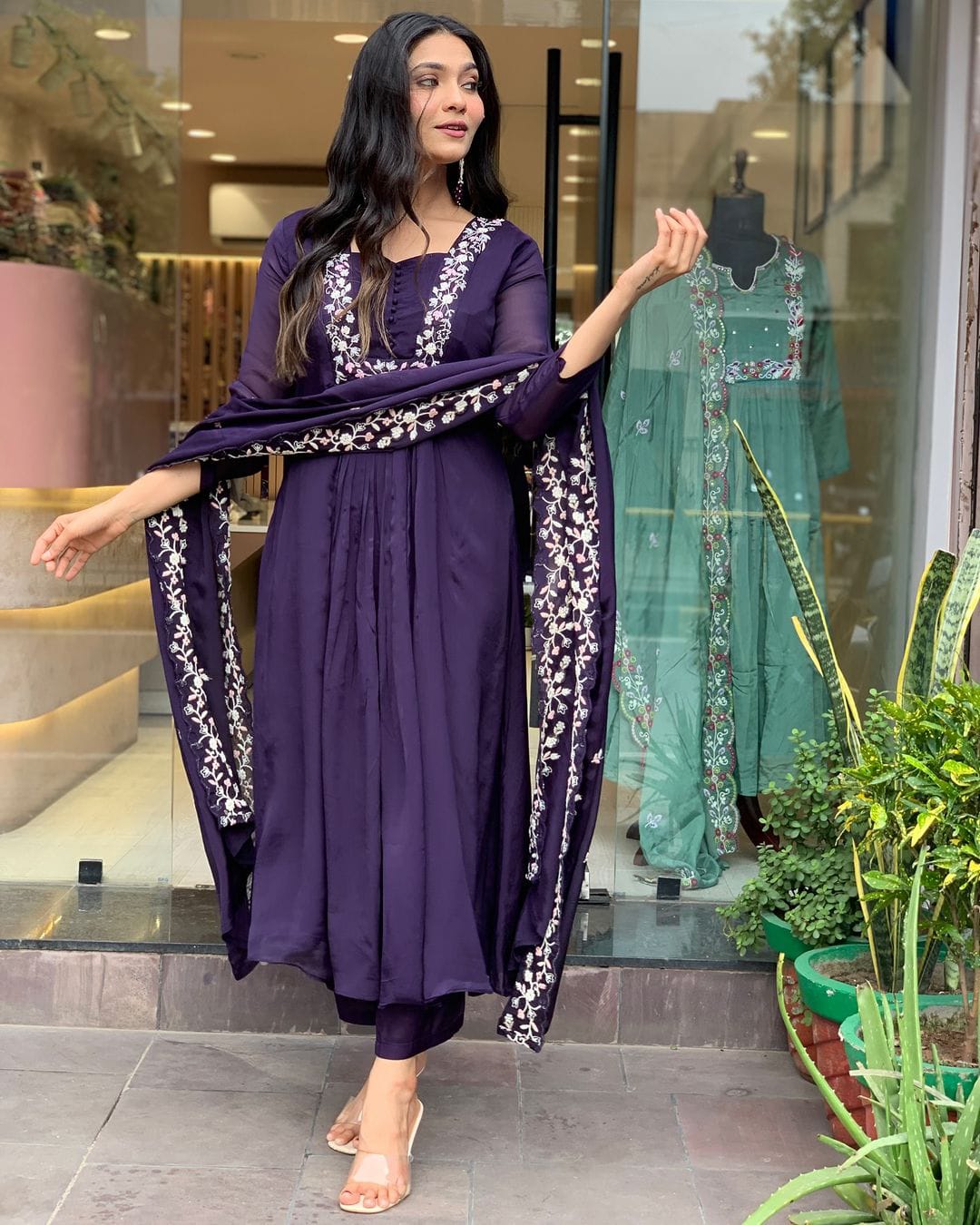 Purple Cotton Embroidery Work Cotton Kurti With Pant & Dupatta Set | For Women