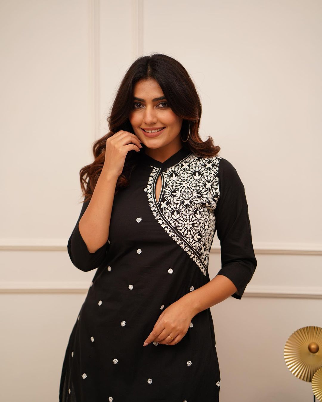 Black Cotton Kurta Pant Set with Embroidery Work for Women