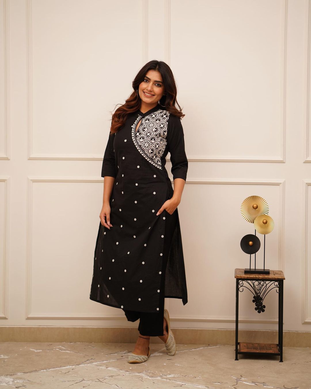 Black Cotton Kurta Pant Set with Embroidery Work for Women