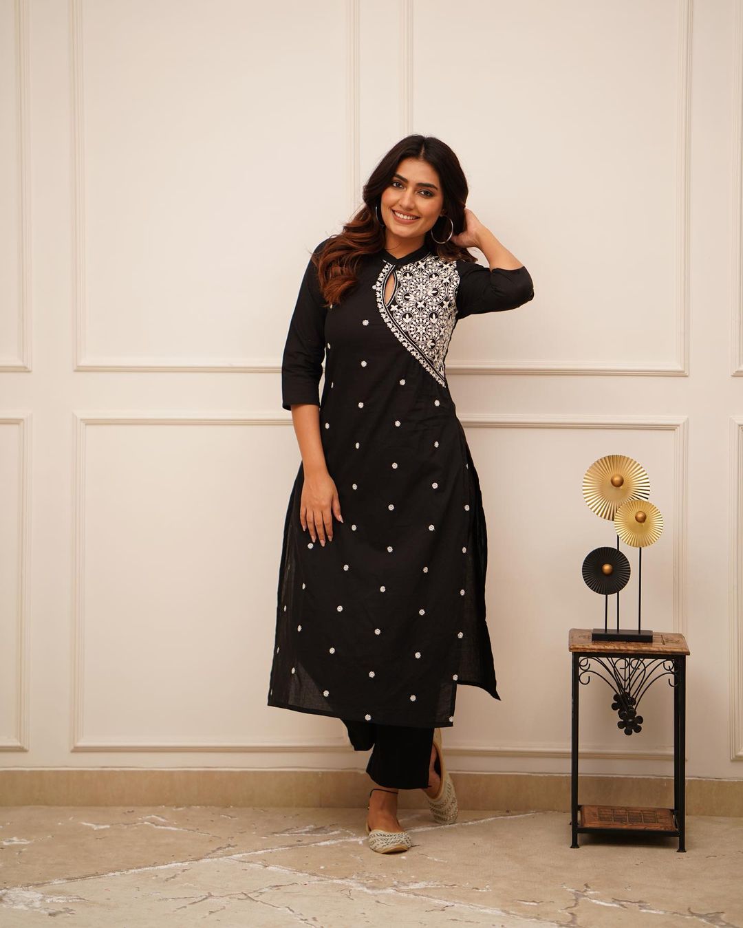 Black Cotton Kurta Pant Set with Embroidery Work for Women