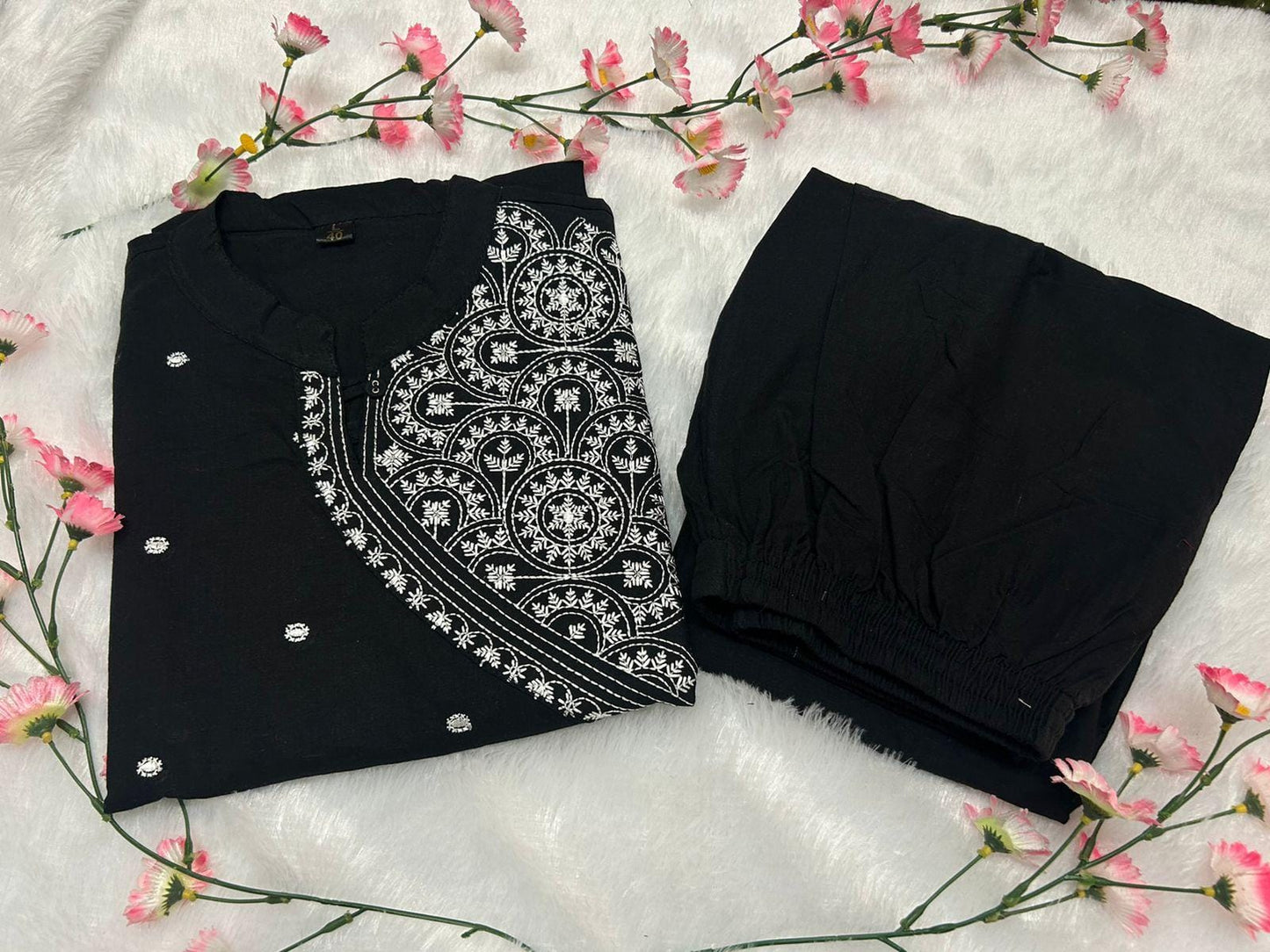 Black Cotton Kurta Pant Set with Embroidery Work for Women