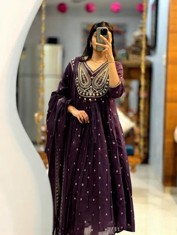Deep Purple Embroidered Anarkali Kurta Set with Dupatta