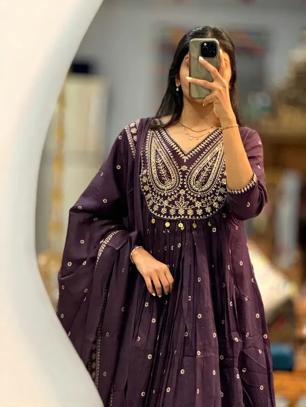 Deep Purple Embroidered Anarkali Kurta Set with Dupatta