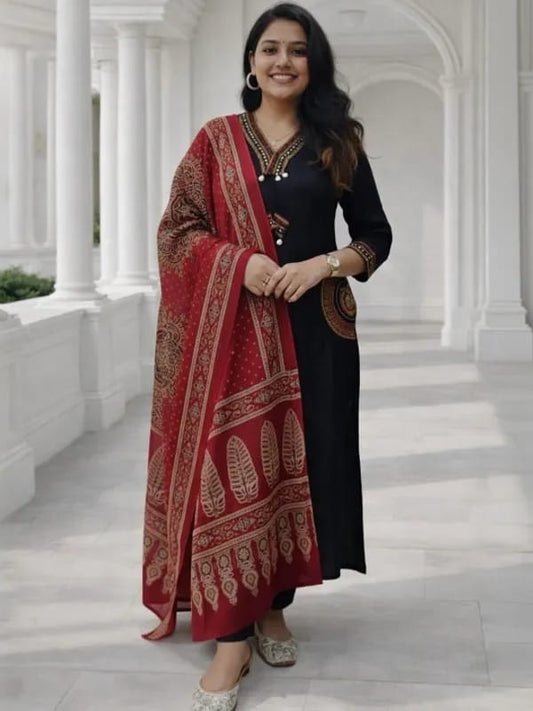 Elegant Black Kurta Set with Red Printed Dupatta