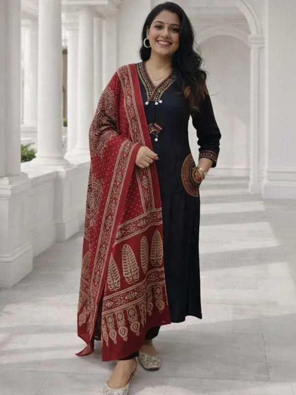 Elegant Black Kurta Set with Red Printed Dupatta