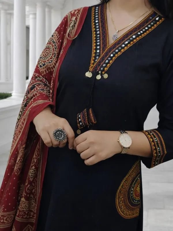 Elegant Black Kurta Set with Red Printed Dupatta