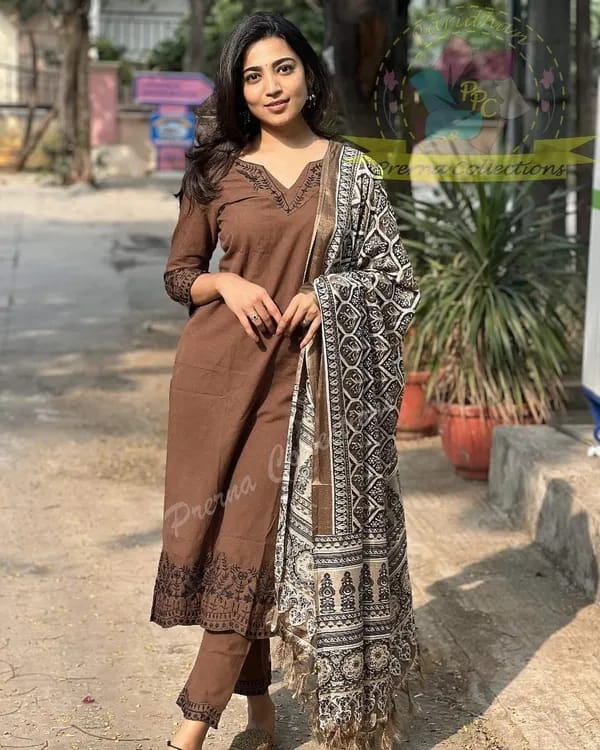 Coffee Printed Cotton Kurti With Pant & Dupatta Set | For Women