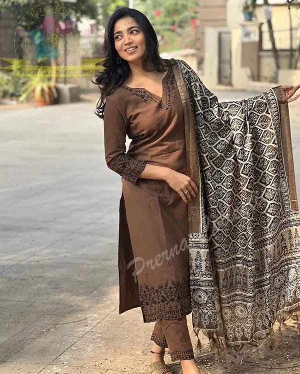 Coffee Printed Cotton Kurti With Pant & Dupatta Set | For Women