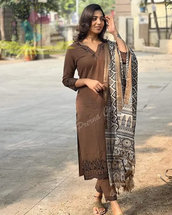 Coffee Printed Cotton Kurti With Pant & Dupatta Set | For Women