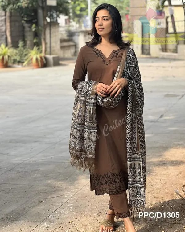 Coffee Printed Cotton Kurti With Pant & Dupatta Set | For Women