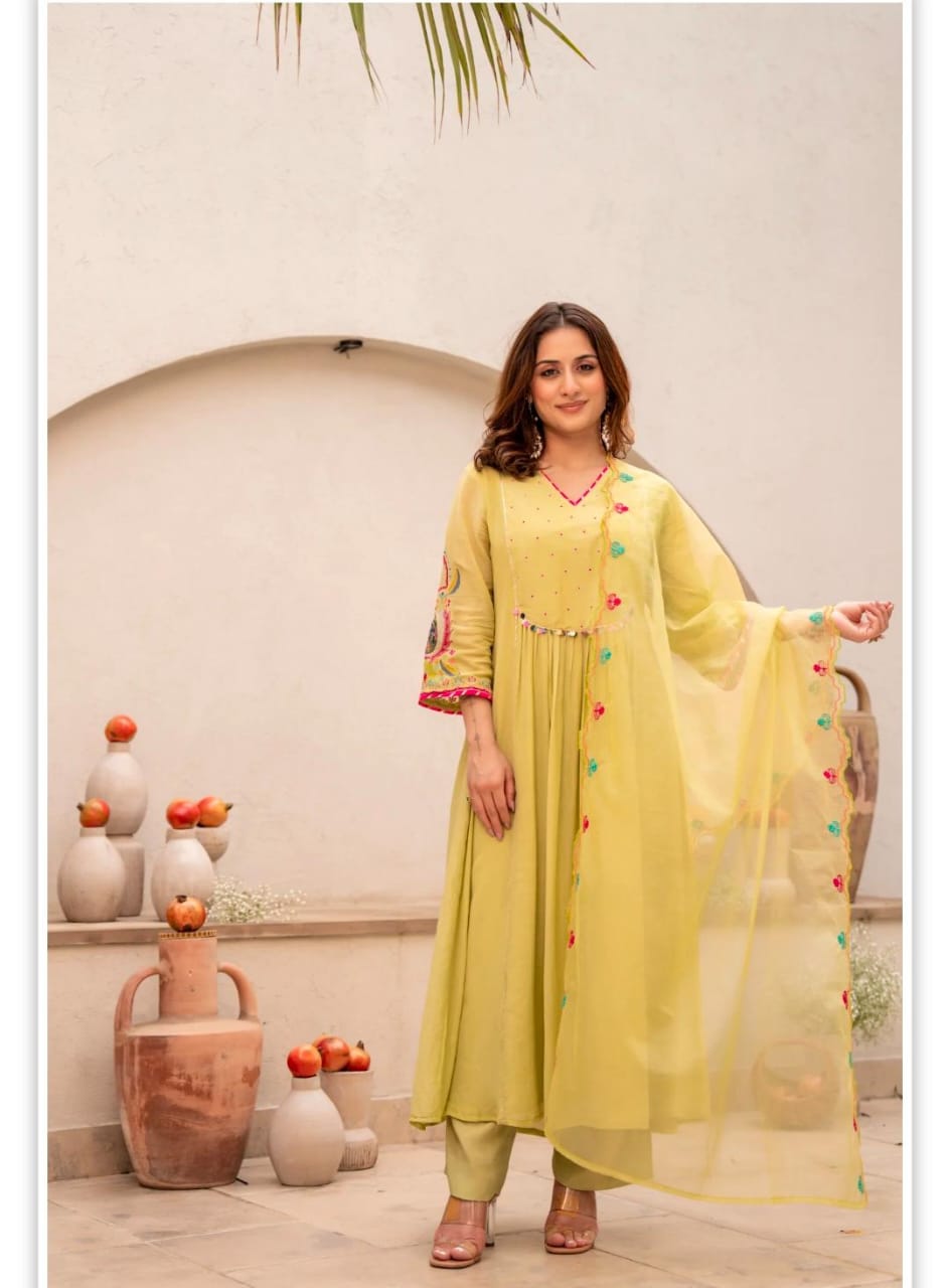 Elegant Lime Yellow Anarkali Kurta Set with Embroidered Dupatta