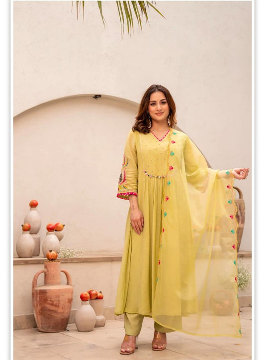 Elegant Lime Yellow Anarkali Kurta Set with Embroidered Dupatta