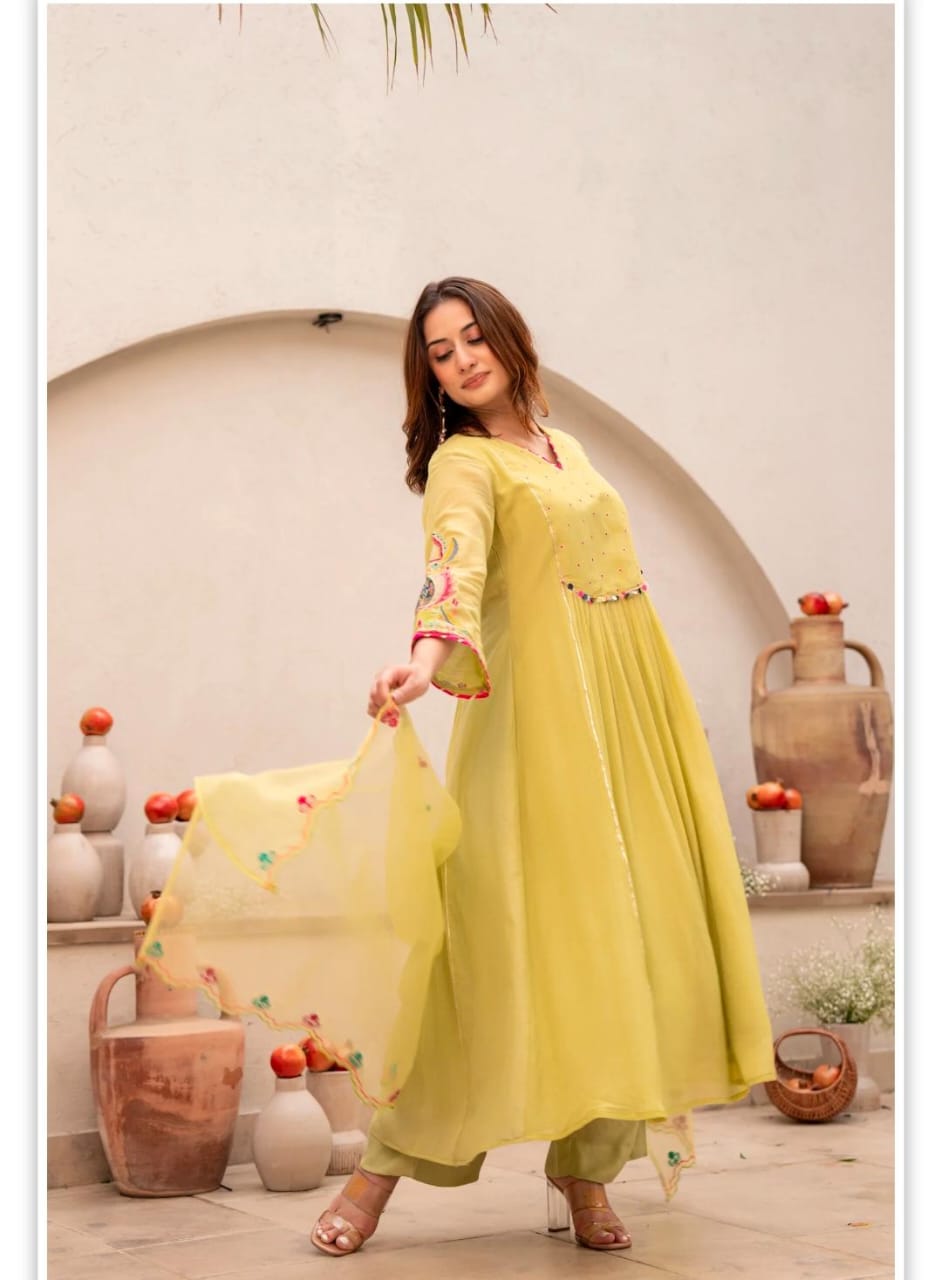 Elegant Lime Yellow Anarkali Kurta Set with Embroidered Dupatta