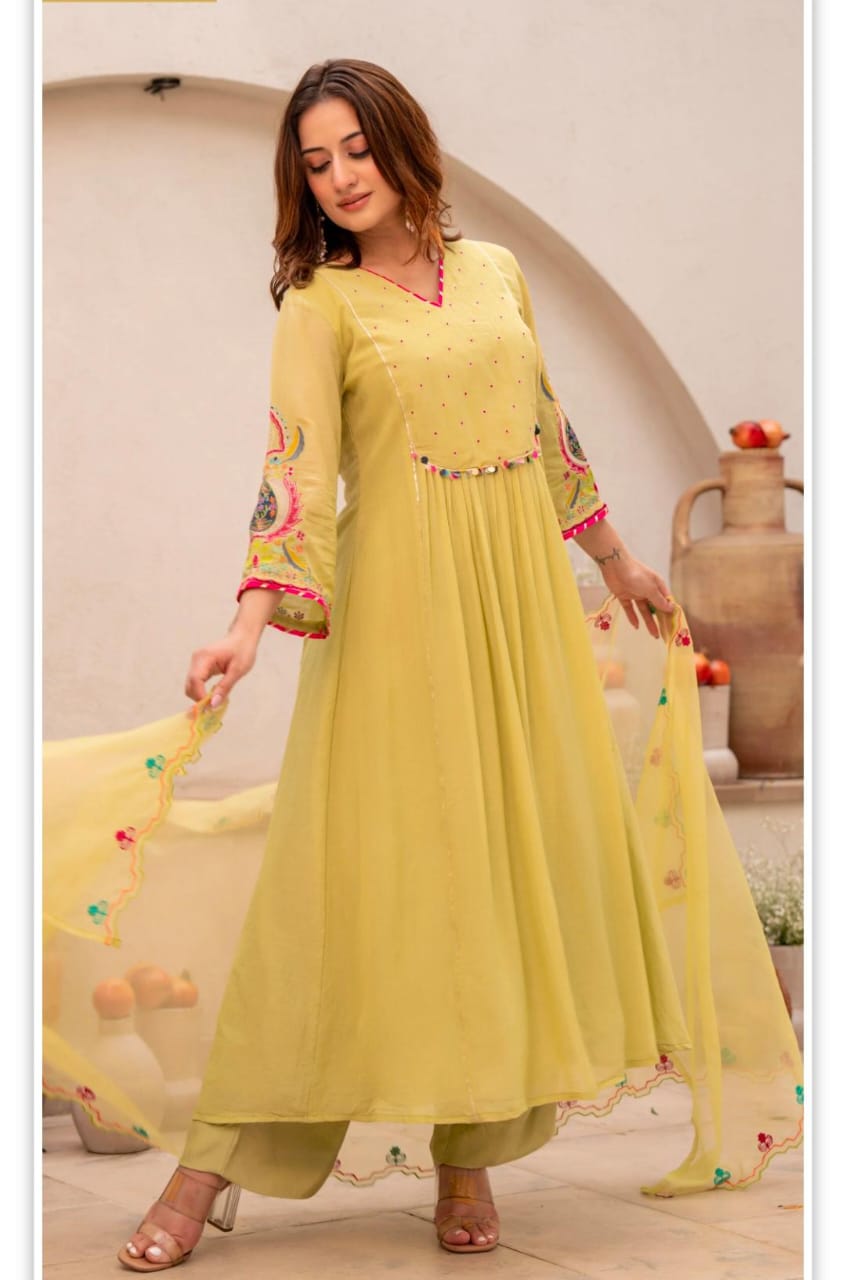Elegant Lime Yellow Anarkali Kurta Set with Embroidered Dupatta