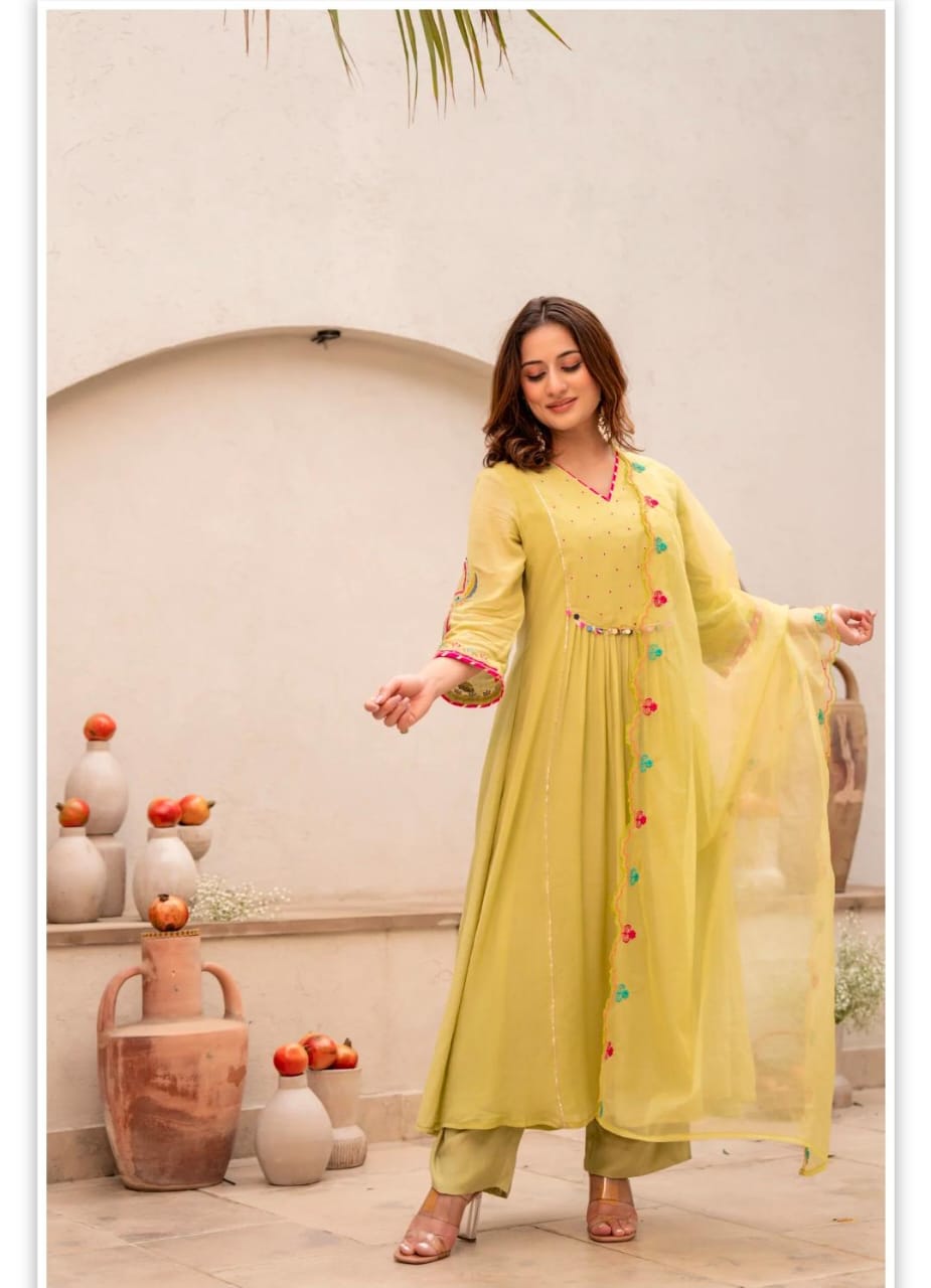 Elegant Lime Yellow Anarkali Kurta Set with Embroidered Dupatta