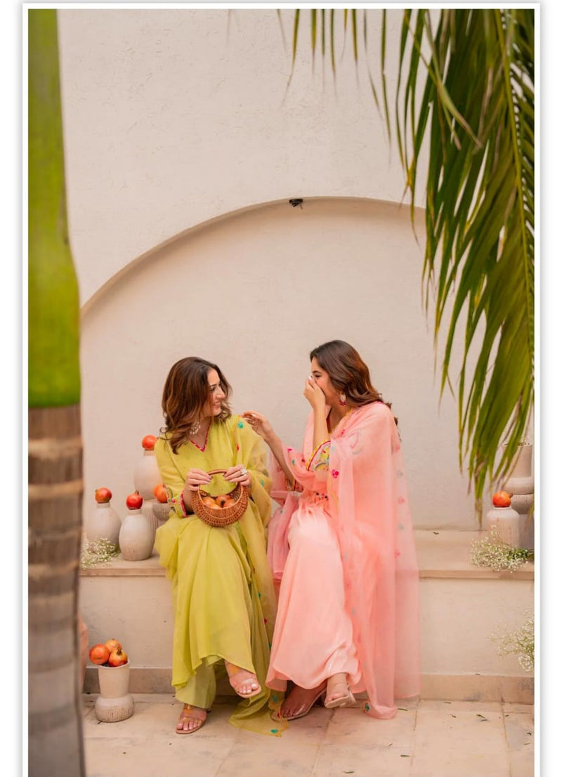 Elegant Lime Yellow Anarkali Kurta Set with Embroidered Dupatta